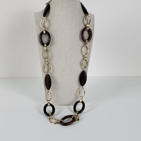 Liz Claiborne Gold-Tone Metal Brown Wood Link Chain Necklace 33 In Toggle Clasp - Picture 1 of 9